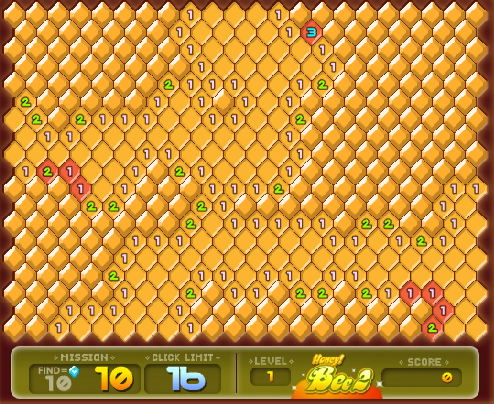 하니비2 게임 플레이 화면 - 육각형 벌집 타일 속 숫자 힌트 1, 2, 3과 폭탄 경고 빨간 타일이 보이는 퍼즐 진행 모습, 하단 미션 로얄젤리 10개 찾기 및 클릭 제한 16회 표시