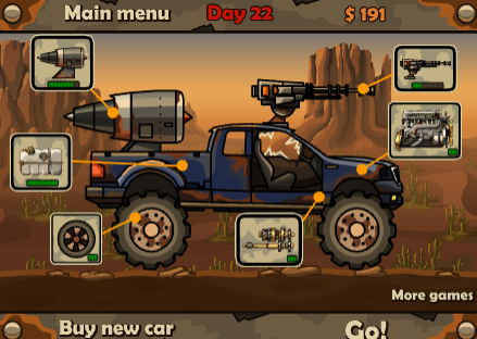 언투다이 게임 Day 22 업그레이드 화면 - 파란 트럭에 기관총과 부스터 장착, 차고 개조 메뉴